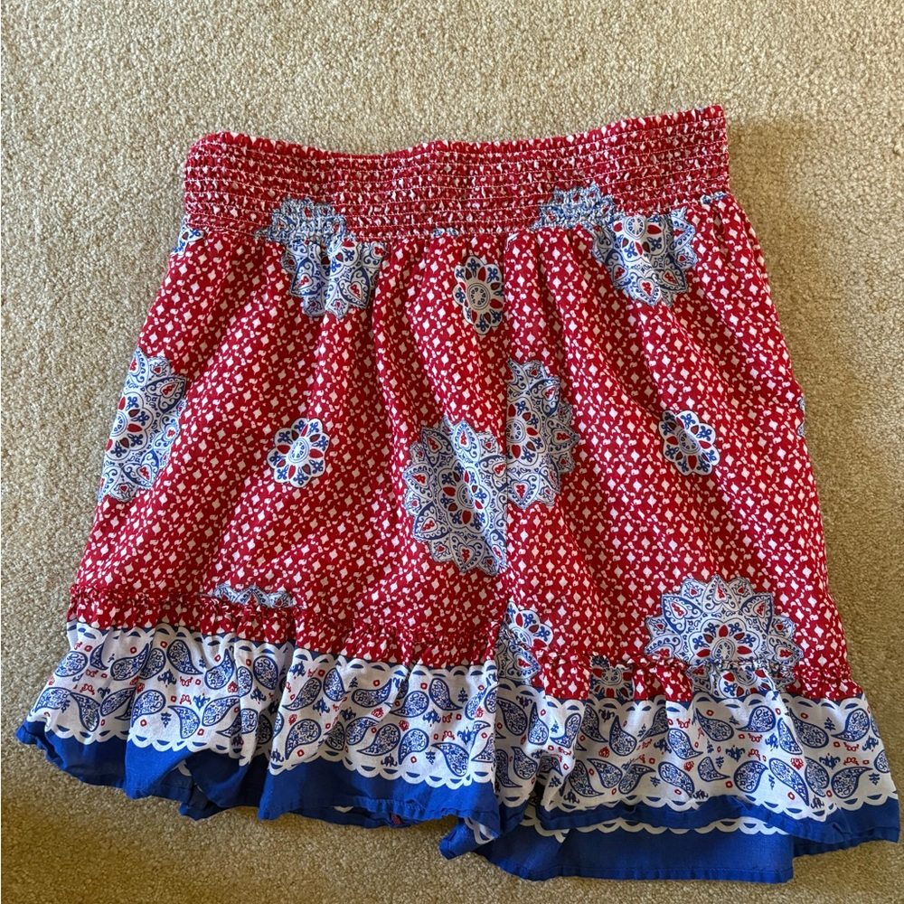 Source Unknown Red and Blue Paisley Midi Skirt